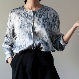 100% Silk WaterColor Long Sleeve Top Blue Grey